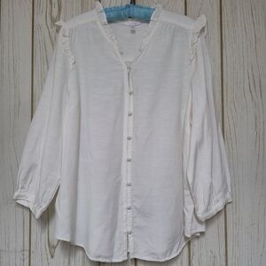LC Lauren Conrad Ivory Button-Down Ruffled V-Neck Top Cotton Blend 3/4 Slv 0X 14